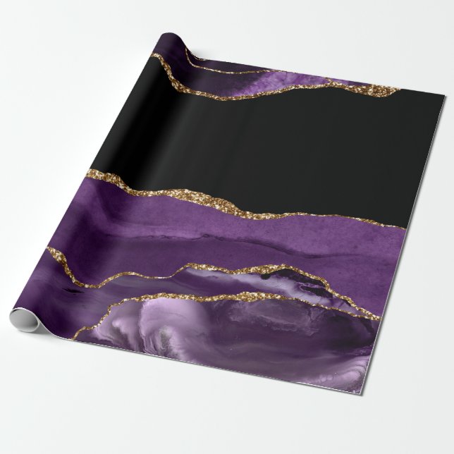 Violet Black Marble Agate Glam Golden Glitter Wrapping Paper (Unrolled)