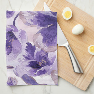 Violet Blooms Watercolor Purple Flowers Painted Tea Towel