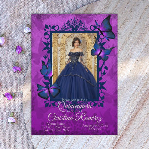 Violet, Blue Butterfly Quinceanera Invitation