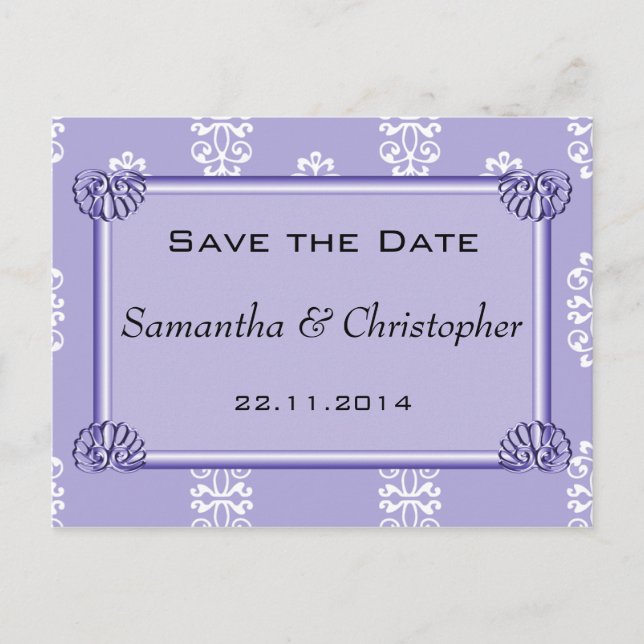Violet Blue Damask Wedding Save the Date Announcement Postcard (Front)