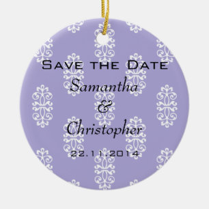 Violet Blue Damask Wedding Save the Date Ceramic Tree Decoration
