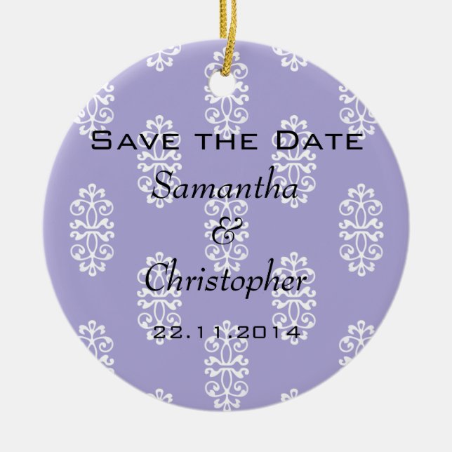 Violet Blue Damask Wedding Save the Date Ceramic Tree Decoration (Front)