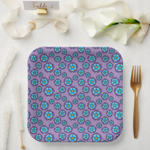 Violet Blue Flowers Pattern Paper Plate