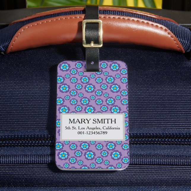 Violet Blue Flowers Pattern Personalise Luggage Tag (Front Insitu 2)