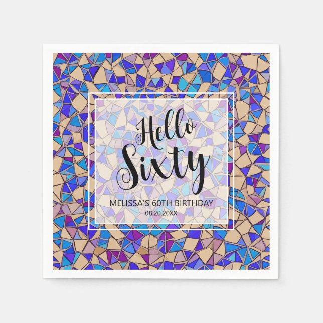Violet Blue Mosaic Hello Sixty 60th Birthday Napkin (Front)