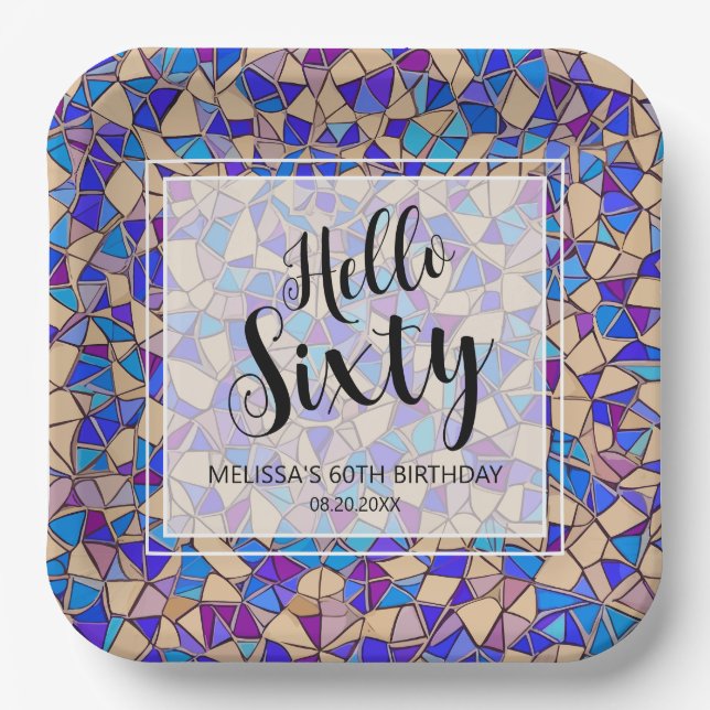Violet Blue Mosaic Hello Sixty 60th Birthday Paper Plate (Front)