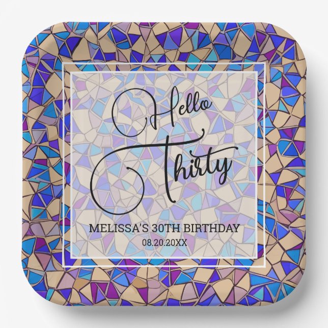 Violet Blue Mosaic Hello Thirty 30th Birthday Paper Plate (Front)
