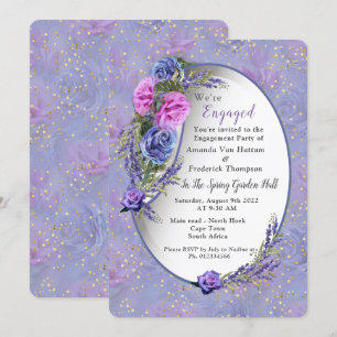 Violet-blue Watercolor Roses & Tulips with Gold c Invitation