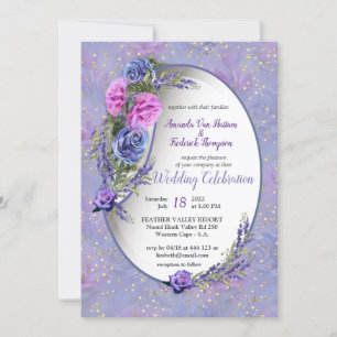Violet-blue Watercolor Roses & Tulips with Gold c Invitation