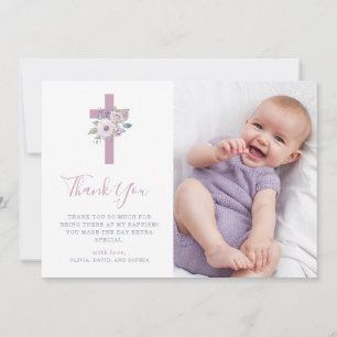 Violet Blush Cross and Flowers Photo Baptism Thank You Card