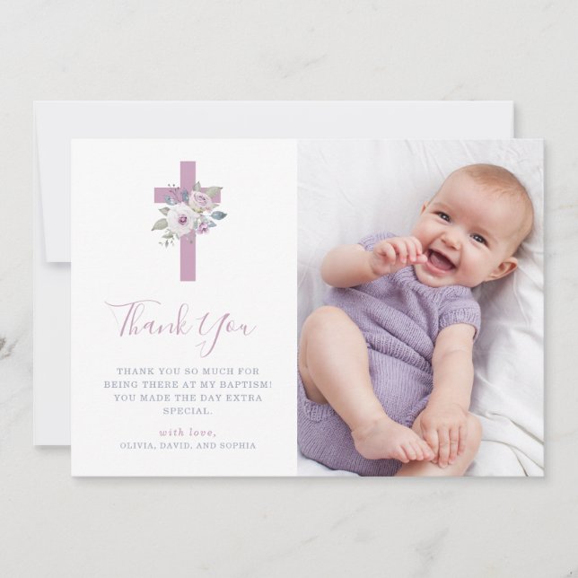Violet Blush Cross and Flowers | Photo Baptism Thank You Card (Front)