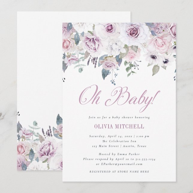 Violet Blush Floral Baby Shower | Oh Baby Invitation (Front/Back)