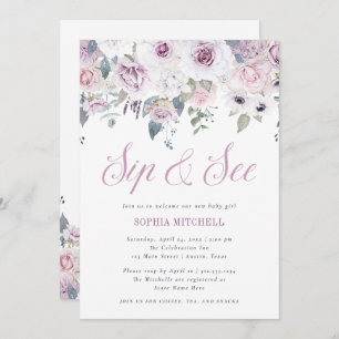 Violet Blush Floral Baby Shower Sip and See Invitation