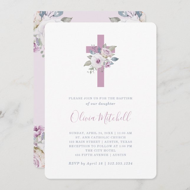 Violet Blush | Floral Baptism with Cross Invitation (Front/Back)
