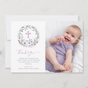 Violet Blush   Floral Baptism with Cross   Photo Thank You Card