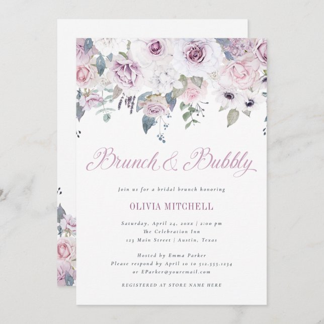 Violet Blush | Floral Bridal Brunch and Bubbly Invitation (Front/Back)