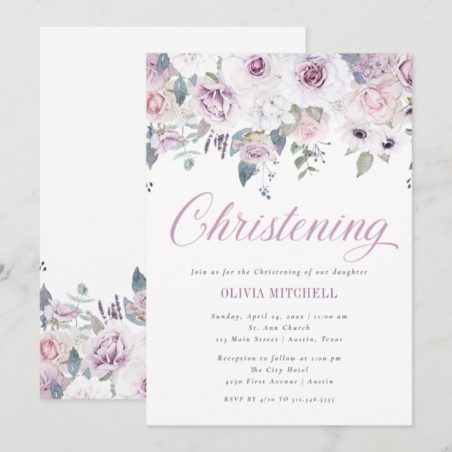 Violet Blush Floral | Christening Invitation (Front/Back)