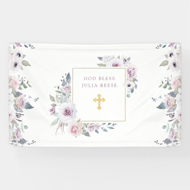 Violet Blush Floral | Gold Cross Baptism Banner (Horizontal)