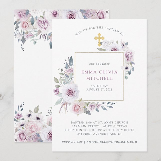 Violet Blush Floral | Gold Cross Baptism Invitation (Front/Back)