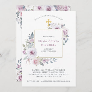 Violet Blush Floral   Gold Cross Baptism Invitation