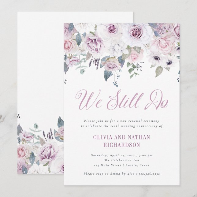 Violet Blush | Floral Wedding Vow Renewal Ceremony Invitation (Front/Back)