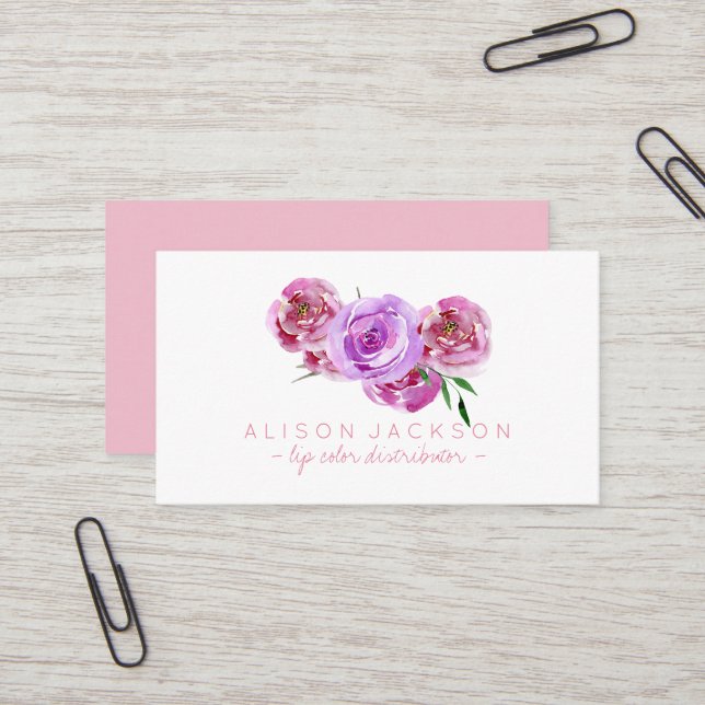 Violet blush peony bouquet lip colour distributor business card (Front/Back In Situ)