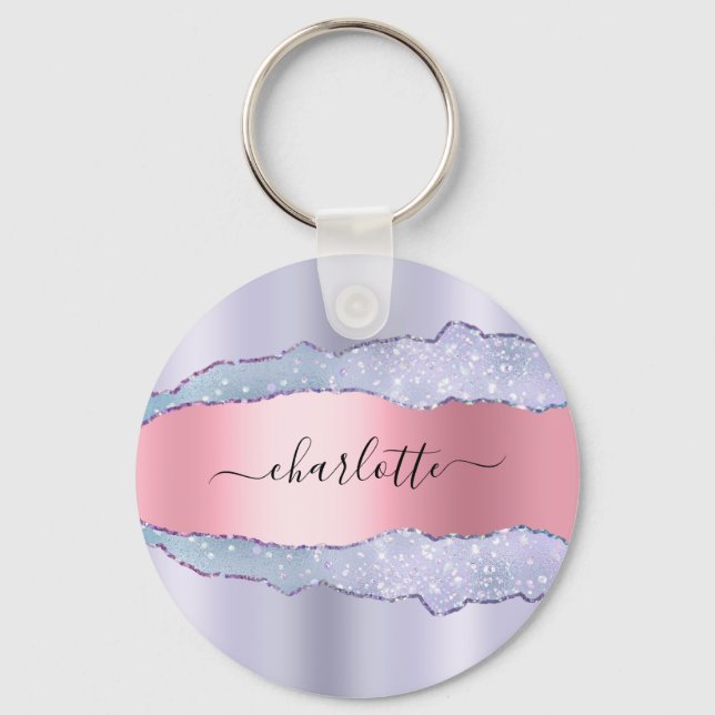 Violet blush pink agate marble glitter name  key ring (Front)