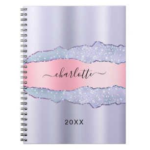 Violet blush pink metal agate marble name notebook