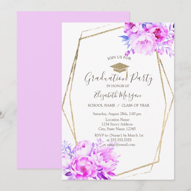 Violet Blush Roses,Grad Cap,Graduation  Invitation (Front/Back)
