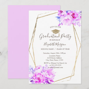 Violet Blush Roses,Grad Cap,Graduation  Invitation