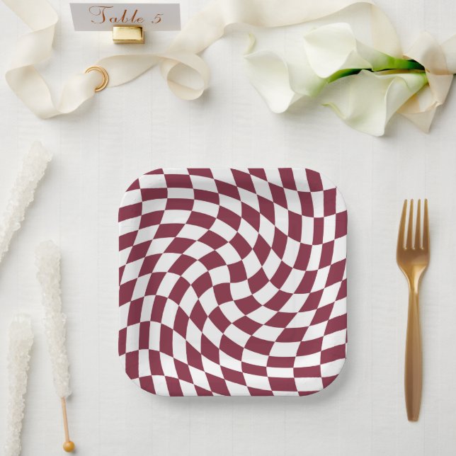 Violet Burgundy Wedding Collection Check Chequered Paper Plate (Wedding)