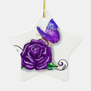 Violet Butterfly and Rose design Ceramic Tree Decoration