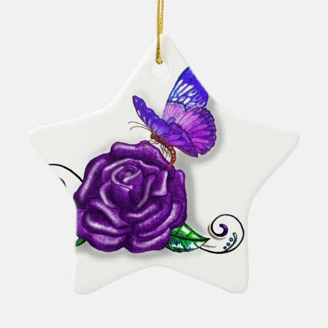 Violet Butterfly and Rose design Ceramic Tree Decoration (Front)