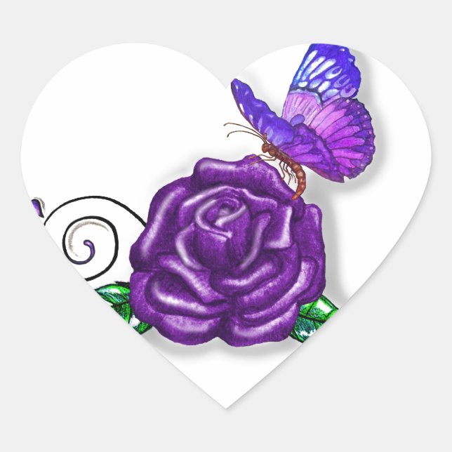 Violet Butterfly and Rose design Heart Sticker (Front)