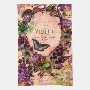 Violet Butterfly Floral Ephemera Tea Towel