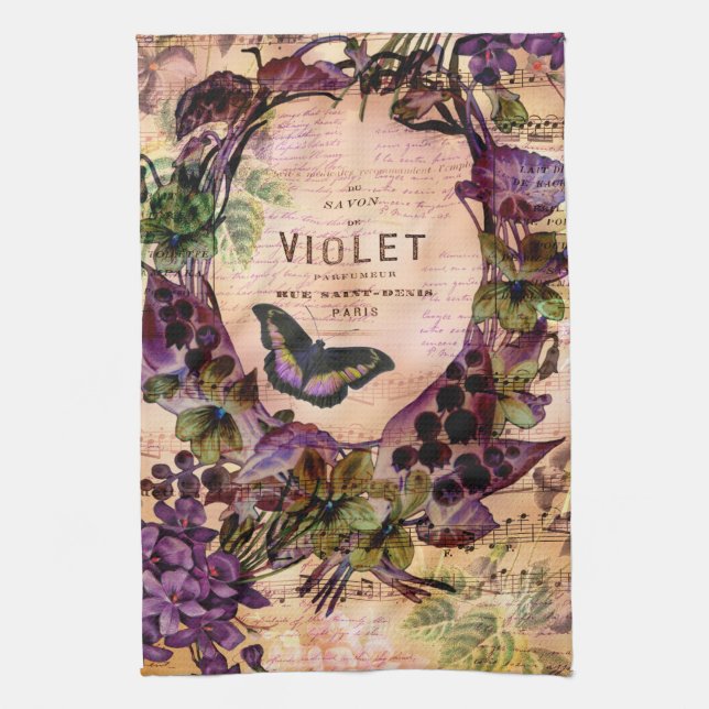 Violet Butterfly Floral Ephemera Tea Towel (Vertical)