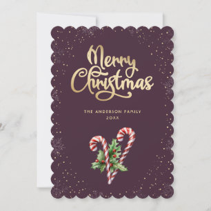 Violet Candy Cane Holly Berries Christmas Holiday Card