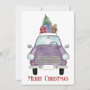 Violet Car with Christmas Gifts  Holiday Card