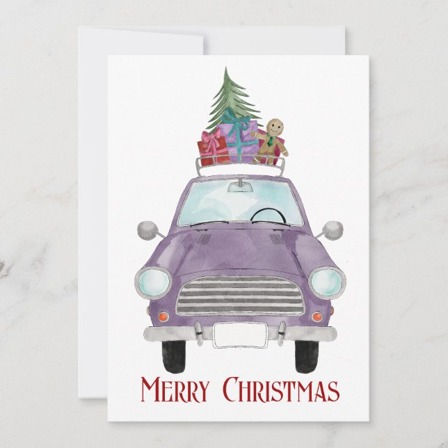 Violet Car with Christmas Gifts  Holiday Card (Front)