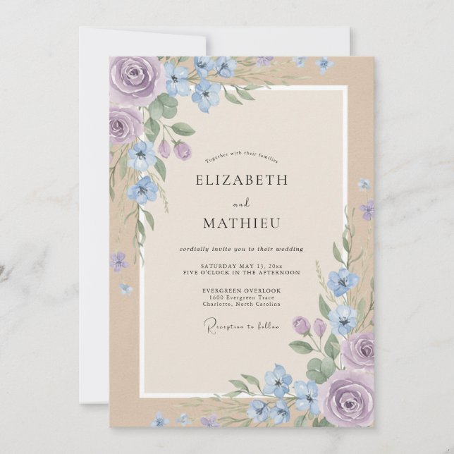 Violet Cornflower Watercolor Wedding Invitation (Front)