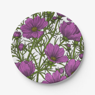 Violet cosmos flowers paper plate