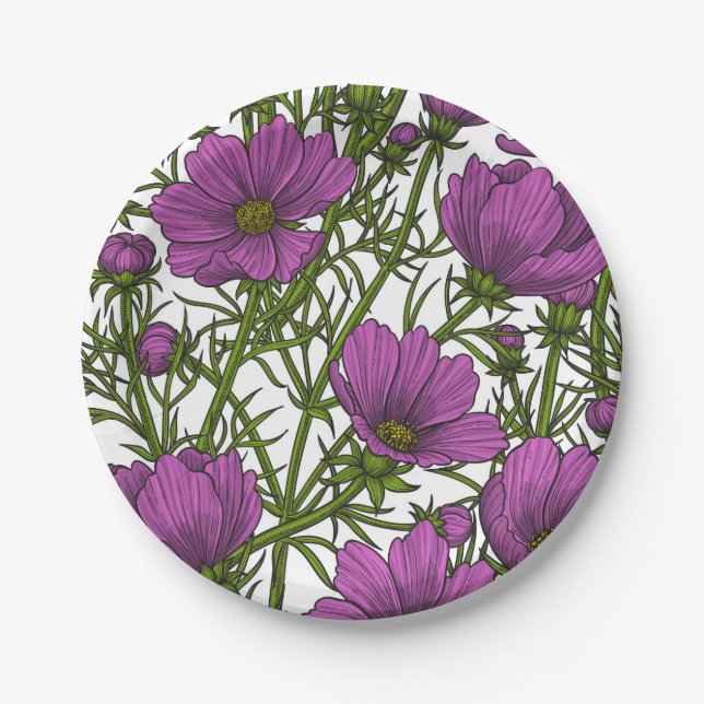 Violet cosmos flowers paper plate (Front)
