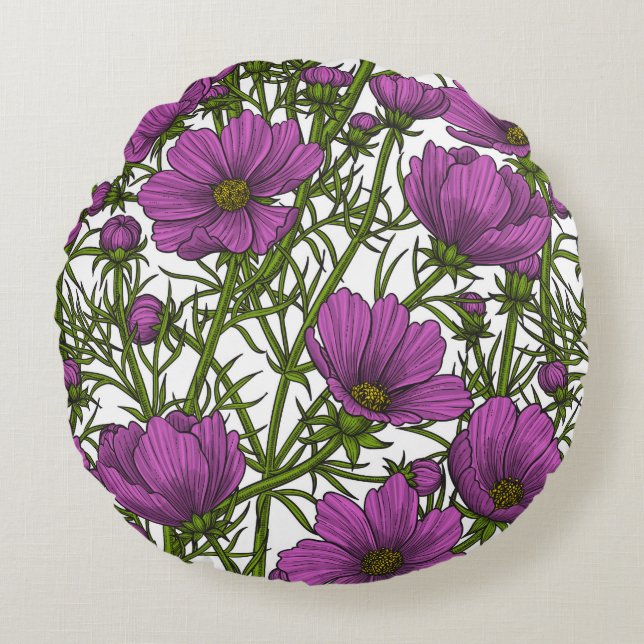 Violet cosmos flowers round cushion (Front)