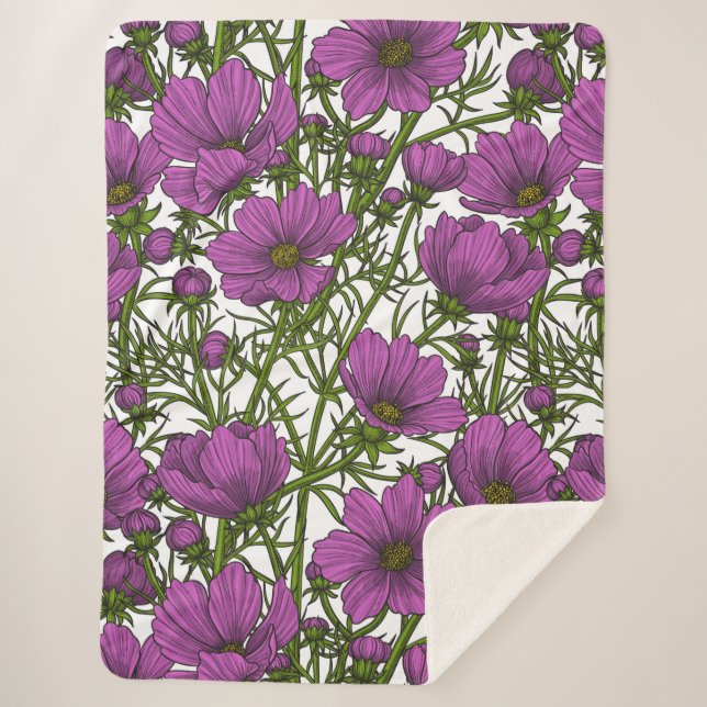 Violet cosmos flowers sherpa blanket (Front)