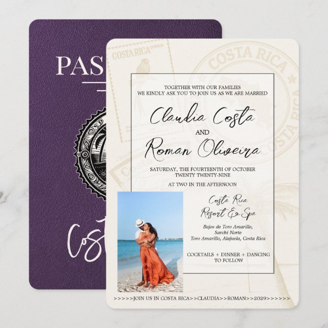 Violet Costa Rica Passport Wedding Invitation (Front/Back)