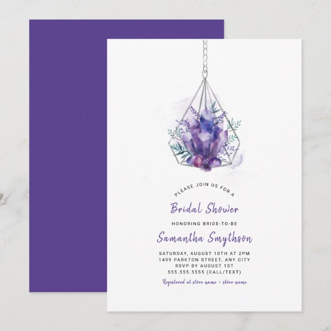 Violet Crystal Bridal Shower Invitations, purple Invitation (Front/Back)
