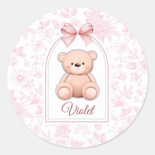 Violet | Custom Pink Teddy Bear Nursery Design  Classic Round Sticker (Front)