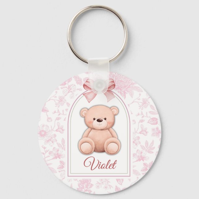 Violet | Custom Pink Teddy Bear Nursery Design  Key Ring (Front)