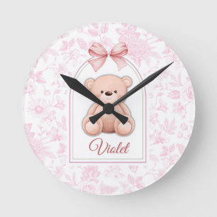 Violet   Custom Pink Teddy Bear Nursery Design  Round Clock