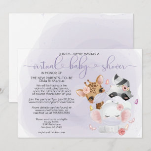 Violet Cute Animals in Masks Virtual Baby Shower Invitation